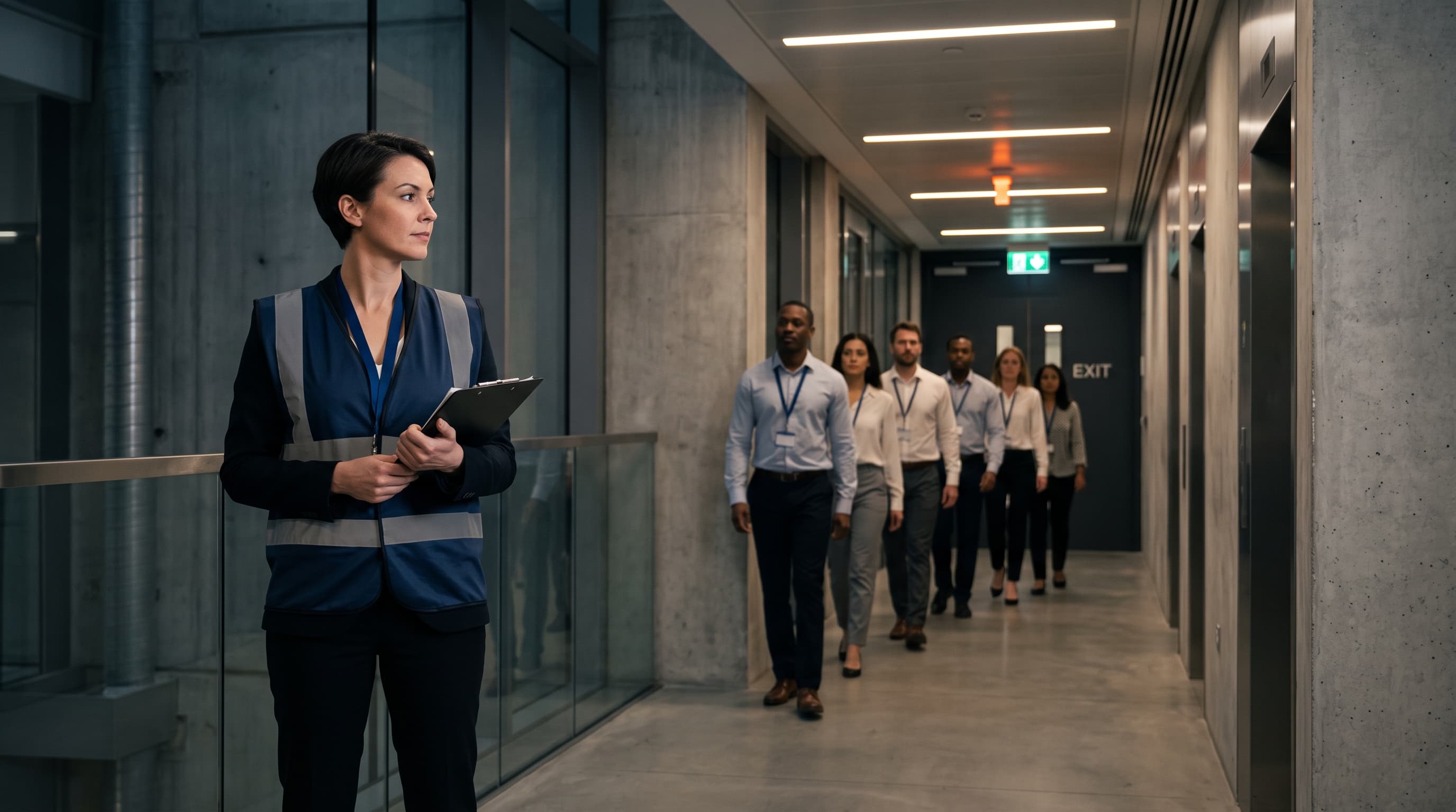 Fire warden with a clipboard as staff evacuate along a corridor toward the exit